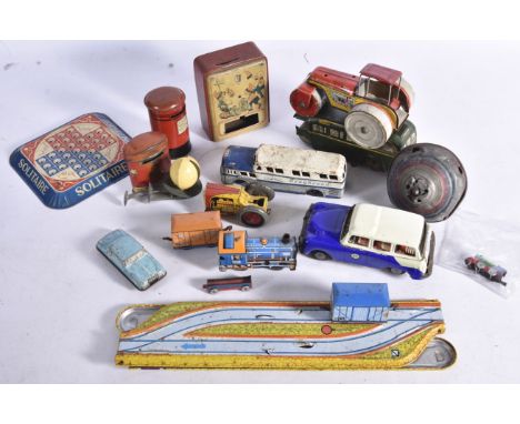 Various makers playworn Transport and other Tin Toys, NK Nekur Servis blue/white friction drive Taxi, Hungarian Shunting set 