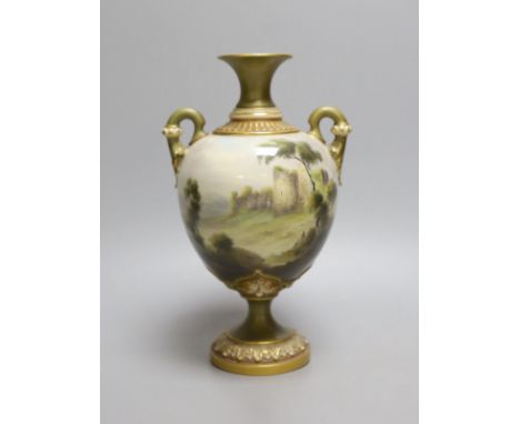 A Royal Worcester two handled vase painted with Caerphilly Castle by C. Johnson, c.1912, 21.5cm tall