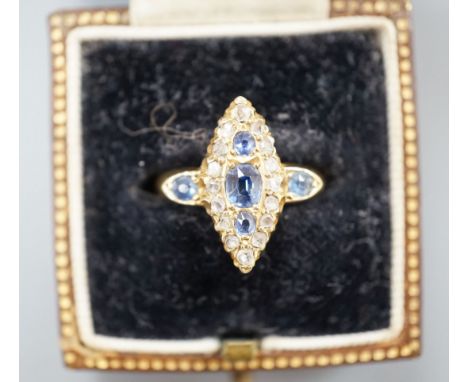 An Edwardian 18ct gold, sapphire and diamond set marquise set cluster ring, size K, gross weight 3.2 grams,hallmarked for Bir