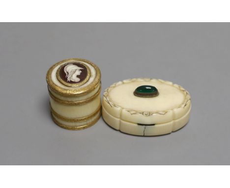 An 18th century yellow metal banded ivory counter box and oval ivory green cabochon mounted snuff box,Counter box 3cms high.