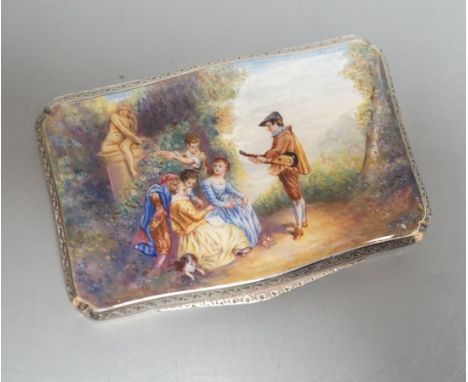 A 1920's continental silver and painted enamel rectangular snuff box, import marks for H.C. Freeman, London, 1929, 81mm, gros