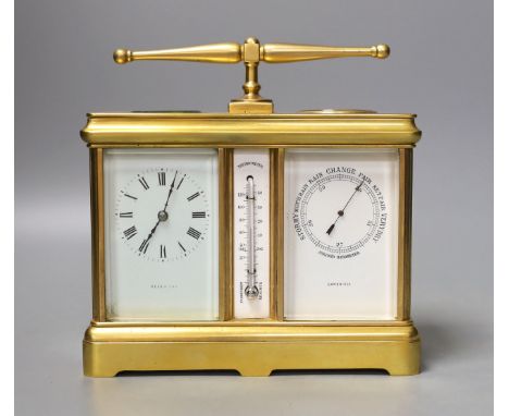 A French combination brass carriage timepiece, barometer, thermometer and compass, retailed by Reed &amp; Son