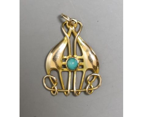 An Edwardian Art Nouveau 15ct and turquoise set pendant, 25mm, gross 2.2 grams.