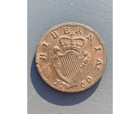 Ireland coins, a George III Halfpenny, 1769, Type II laureate bust with taller head, rev. crowned harp (DF 582; S.6613), tiny