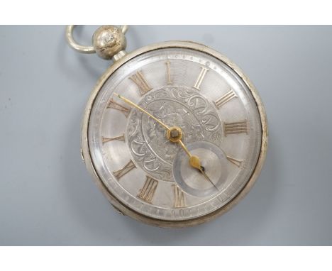 A Victorian engine turned silver open face keywind pocket watch, with gilt numeral Roman dial, case diameter 50mm.