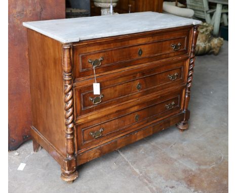 A 19th century French marble top walnut commode, width 109cm, depth 52cm, height 91cm