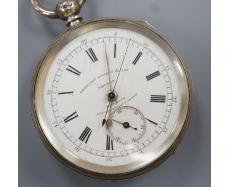 A late Victorian silver open face chronograph pocket watch, by Stewart Dawson &amp; Sons, cased diameter 53mm.