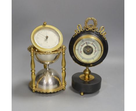 An ormolu and silver plated hourglass shaped desk aneroid barometer and a gilt metal and parcel ebonised desk barometer