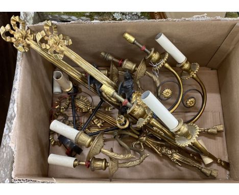 Two pairs of Empire style brass two branch wall lights together with a three branch light