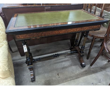 A late Victorian ebonised and bird's eye maple folding writing / card table, width 91cm, depth 48cm, height 75cm