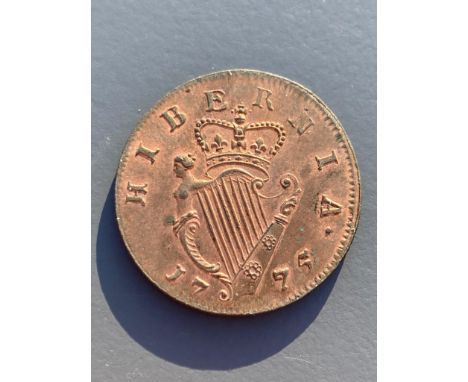 Ireland coins, a George III Irish Halfpenny, 1775, Type III, laureate bust with long hair, rev. crowned harp (DF 584; S.6614)