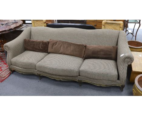 A large Louis XV style scroll arm sofa upholstered in a tweed type fabric, length 240cm, depth 96cm, height 82cm