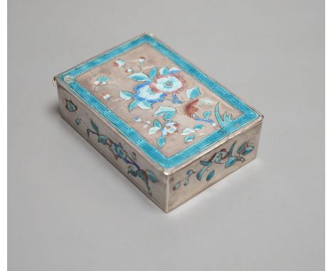 A Chinese Export white metal and enamel rectangular snuff box, 78mm.