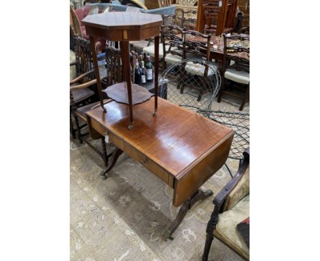 A Regency style banded mahogany sofa table together with an Edwardian octagonal mahogany centre table, larger width 98cm, dep