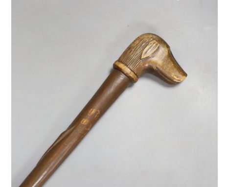 A Folk art carved dog-head walking cane - 92.5cm