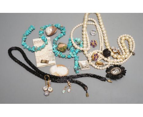 A quantity of costume jewellery including a pair of yellow metal and opal drop earrings.