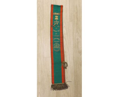 Railway Interest - A metal thread embroidered silk sash inscribed  ‘Railway Men of E I S &amp; W, Broad Street Branch - prese