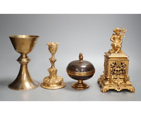 A decorative ormolu inkwell, 20cm high, a Baroque style candlestick, a chalice stamped W IV, together with a faux tortoiseshe
