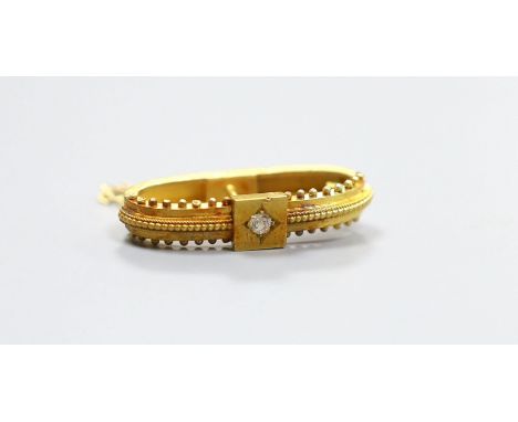 A Victorian yellow metal and diamond set scarf clip, 28mm, gross 4.3 grams.