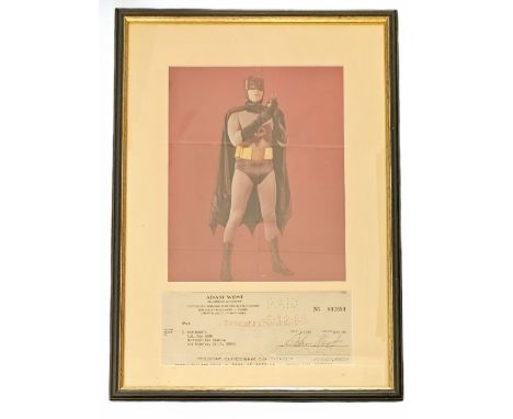 Adam West signed cheque dated 1980 with colour photo as Batman, framed measures 12 inch by 17-inch appx. Good condition Est. 