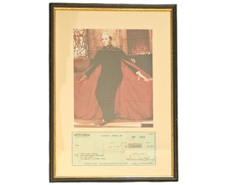 Vincent Price signed cheque dated 1977&nbsp;with colour photo of Christopher Lee as&nbsp; Dracula, framed measures 12 inch by