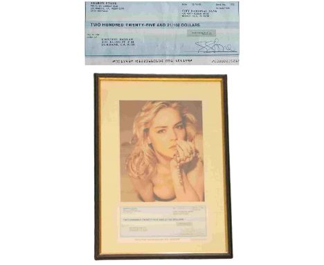 Sharon Stone signed cheque dated 1992 with colour photo, framed measures 12 inch by 17-inch appx. Good condition Est. Good co