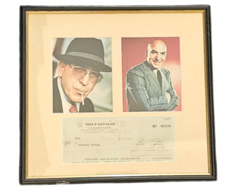 Telly Savalas signed cheque dated 1977 with 2 colour photos, framed measures 14 inch by 13-inch appx. Good condition Est. Goo