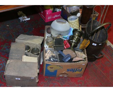 A box of glass Kilner jars, coal scuttle and a box of miscellaneous including oil lamp, Omega watch box, chess set and orname