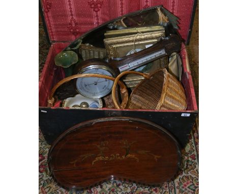 A blanket box and contents including oak barometer, baskets, Art Deco mirror, paintings etc.