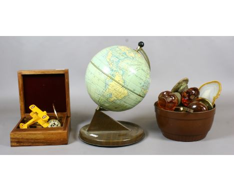 A vintage Chad Valley tinplate globe collection of antique doors, knobs and a cased reproduction brass compass.