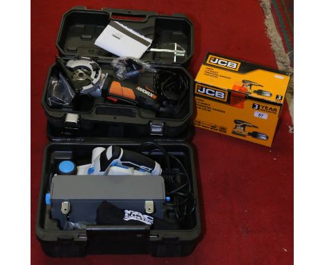 Three cased 230 volt power tools to include JCB finishing sander, Macallister planer and a Worx circular saw.
