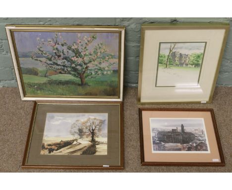 Olive Lazenby framed oil on board apple blossom, Kenneth Wilson framed watercolour, another watercolour and a signed Tom Wood