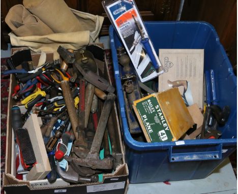 Two boxes of various hand tools boxed Stanley Wood plains, brass blow lamp, hammers, cutters, pliers and files etc.