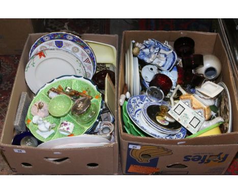 Two boxes containing a quantity of ceramics and glass to include Staffordshire novelty teapot formed as a cottage, Melba teaw