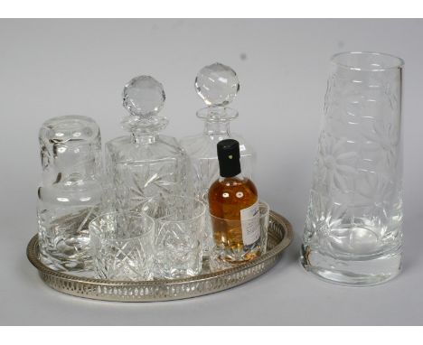 A Stuart crystal vase, a silver plated gallery tray with cut glass decanters and tumbles and a 20cl bottle of Speyside single