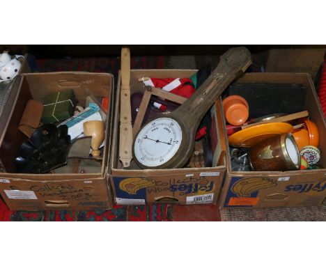 Three boxes of miscellaneous wooden items to include barometer, mantel clock, papier mache crumb scoop etc.