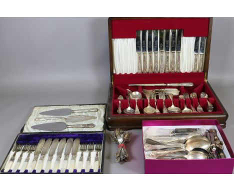 A canteen of silver plated Kings pattern cutlery, cased set of silver plated fish knives and forks with mother of pearl handl