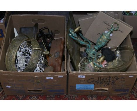 Two boxes of metalware etc to include brass postal scales, five tier chandilier, silver plate etc.