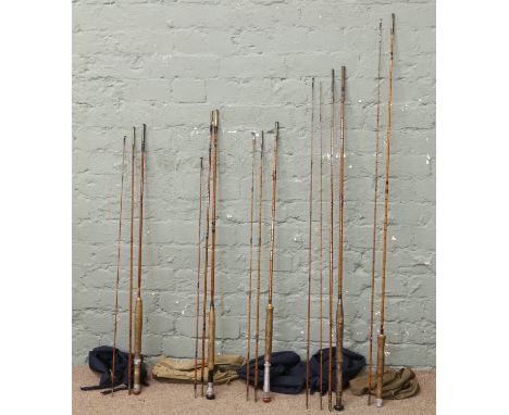 Five vintage split cane fly fishing rods in cases Poole & Son fly caster three piece, Alex Mar the pop it three piece, E. KEr