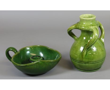 Two green glazed pottery items including a trefoil storage vessel and a chamber stick possible Eweney.