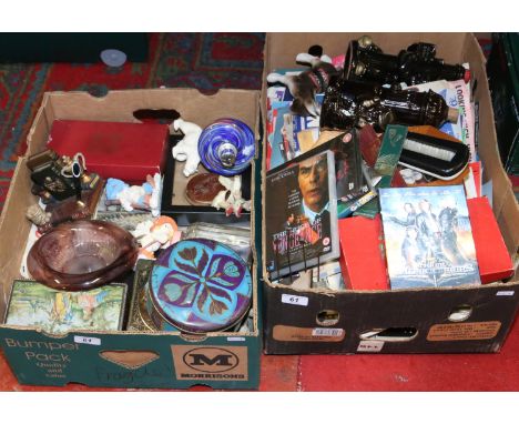 Two boxes of miscellaneous to include sheet music, vintage tins, ceramic models, small collection of DVDs and books etc.