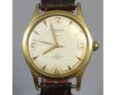 A gentleman's gold capped Humberstone Nelson manual wristwatch with number and painted baton markers.