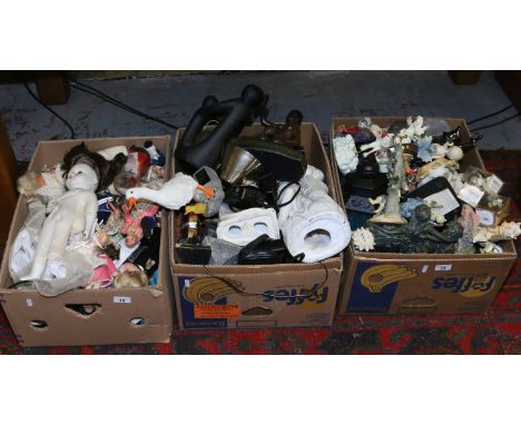 Three boxes of collectables including dolls, cameras and ornamental ceramic figures etc.