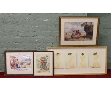 A collection of framed prints to include coastal views, Louis Wain, set of four nude block prints and a Scarborough advertisi