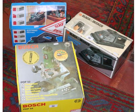 Three boxed 230 volt power tools to include Skill 400 watt planer, Black and Decker wall paper stripper and a Bosch 500 watt 