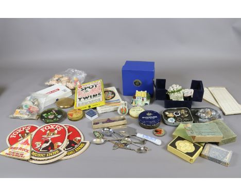 A small box of miscellaneous to include military buttons, vintage enamel and gilt pin badges, a quantity of collectors spoons