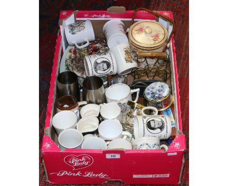 A box of miscellaneous to include Crown Devon biscuit barrel, commemorative ware, cutlery, along with collectors spoons and a