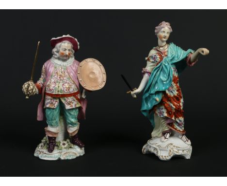 Two 18th century Derby figures. James Quinn as Falstaff and an allegorical figure of Justice. Decorated in coloured enamels a