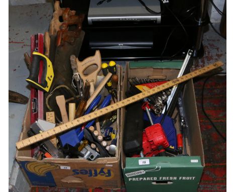 Two boxes of various hand tools, saws, spirit level, spanner sets, chisels, drivers, Torque wrench and clamps etc.