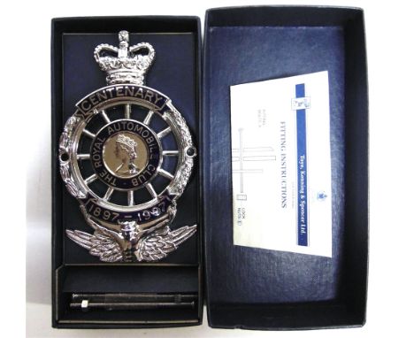 A ROYAL AUTOMOBILE CLUB CENTENARY 1897-1997 CAR BADGE  by Toye, Kenning &amp; Spencer Ltd, boxed. 